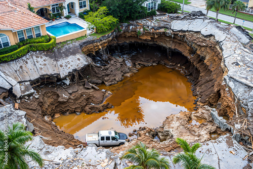 Large sinkhole in Florida neighborhood, aerial drone shot photo