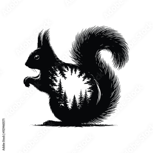 silhouette of Squirrel filled with nature view in rough drawing,