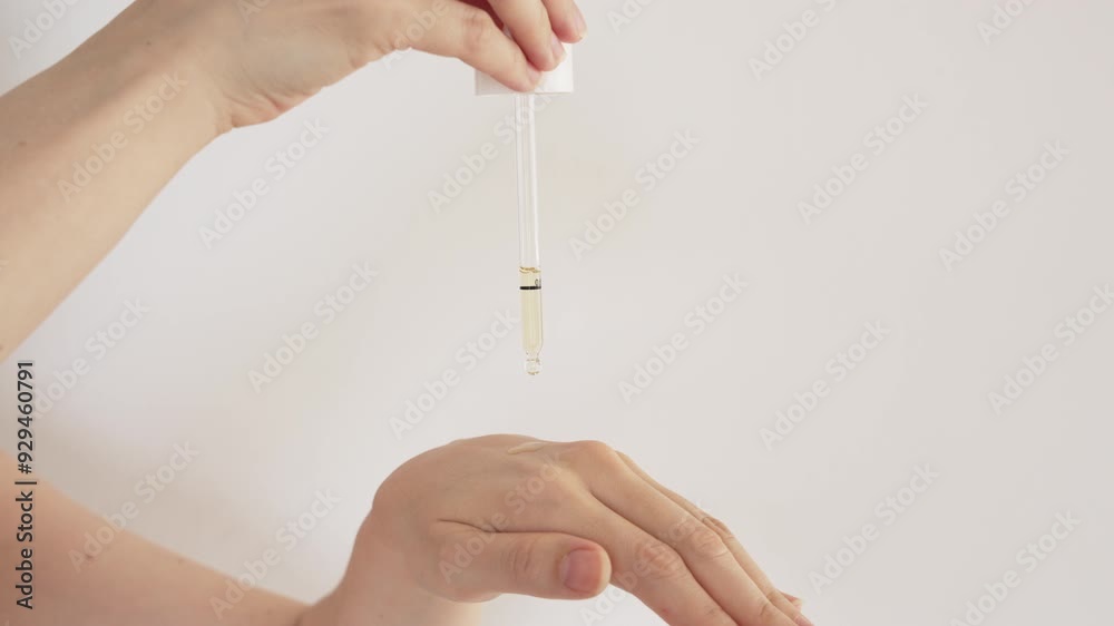 A hand using a dropper to apply a few drops of topical therapy serum to the back of the hand on a white background. A visual representation of skincare, medicine, and dermatology treatments
