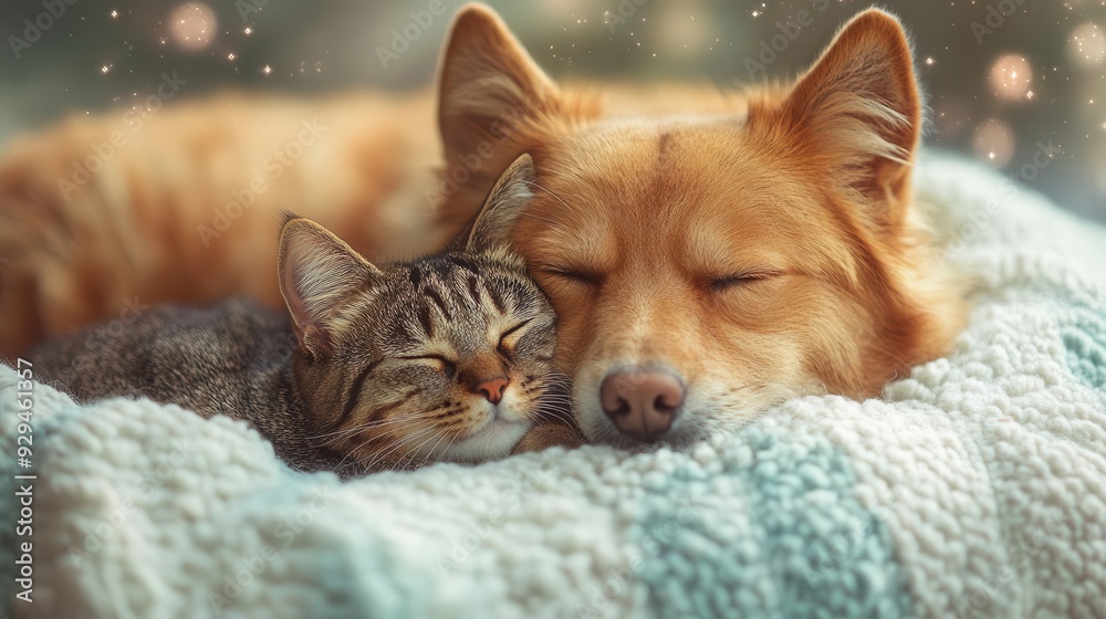 whimsical dreamlike scene of sleeping dog and cat intertwined surrounded by soft clouds and twinkling stars watercolor effect whimsical dreamlike scene of sleeping dog and cat intertwined surrounded by soft clouds and twinkling stars watercolor effect