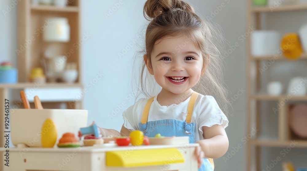 Girl playing with a toy kitchen set, pretending to cook and serve food with a big smile on her face Girl playing with a toy kitchen set, pretending to cook and serve food with a big smile on her face