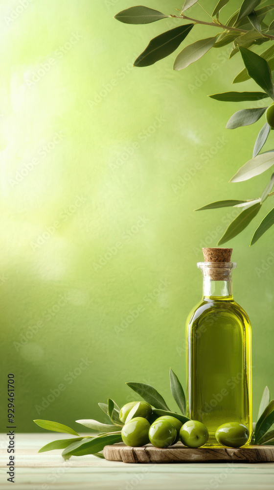 A bottle of olive oil sits on a wooden table next to a bunch of green leaves A bottle of olive oil sits on a wooden table next to a bunch of green leaves