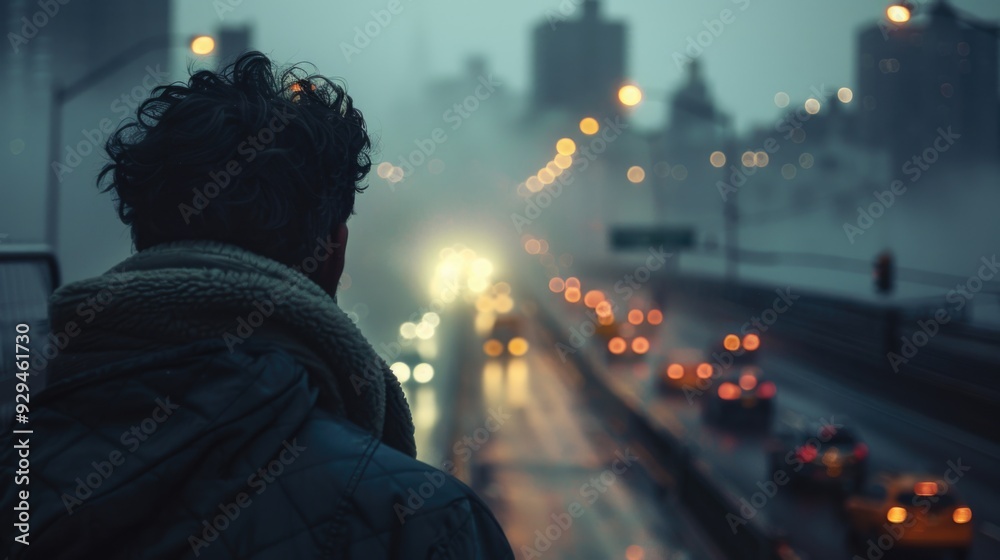 Fototapeta premium A person standing in the rain, gazing at passing cars