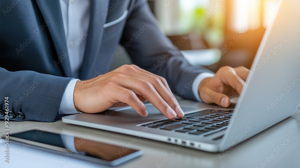 A man in a suit typing on his laptop computer, AI A man in a suit typing on his laptop computer, AI
