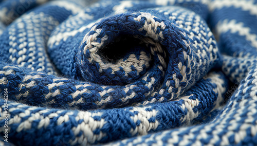 Closeup of a blue and white houndstooth patterned blanket