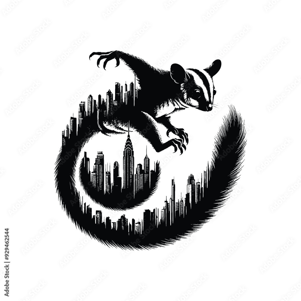 Fototapeta premium silhouette of Sugar glider filled with cityline in rough drawing,