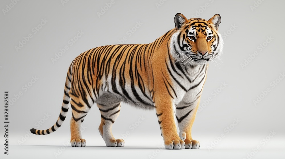 Obraz premium A realistic depiction of a tiger standing majestically, showcasing its distinctive stripes.