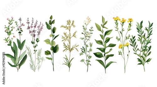 Wallpaper Mural A botanical illustration of various herbs and plants, arranged in a flat lay style against a white background Torontodigital.ca