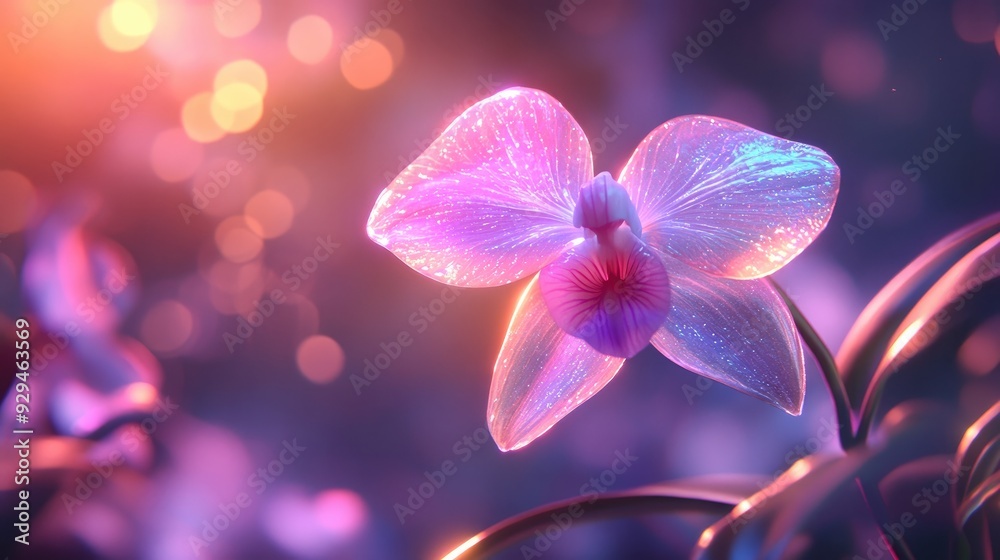 A close-up of a mystical anime orchid with iridescent petals and a soft, glowing aura against a blurred background A close-up of a mystical anime orchid with iridescent petals and a soft, glowing aura against a blurred background