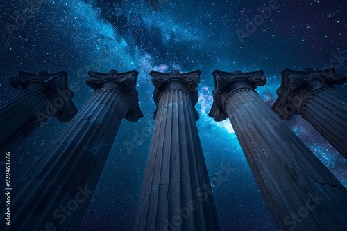 Ancient columns stand tall against a stunning night sky filled with stars and cosmic beauty. Generative AI