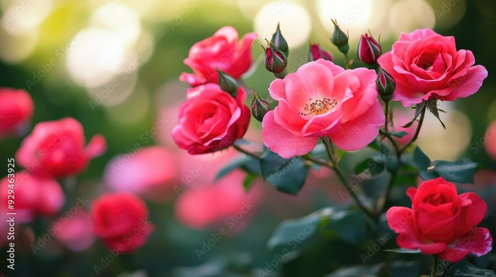 A close-up of vibrant red roses in full bloom, showcasing delicate petals against a blurred green background A close-up of vibrant red roses in full bloom, showcasing delicate petals against a blurred green background