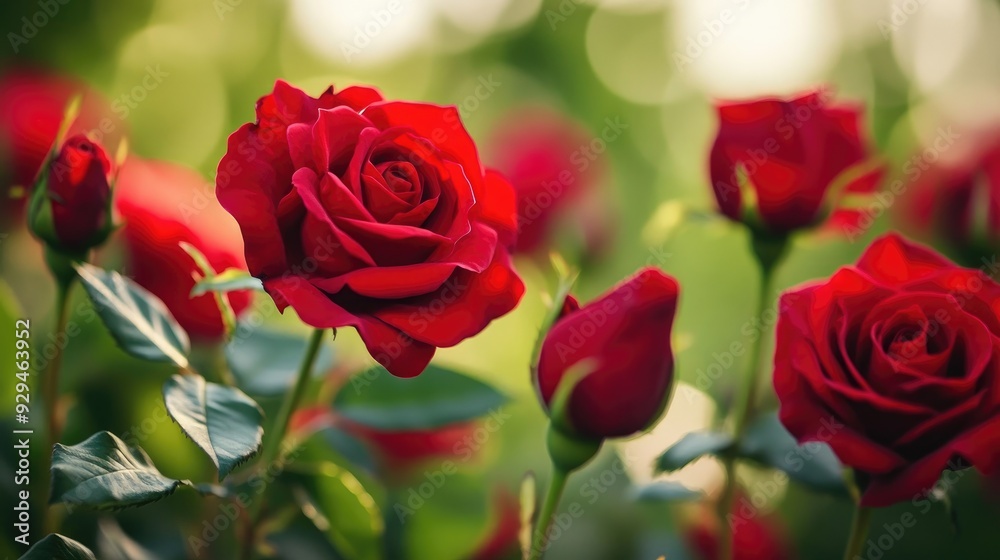 A close-up of vibrant red roses in full bloom, showcasing delicate petals against a blurred green background A close-up of vibrant red roses in full bloom, showcasing delicate petals against a blurred green background