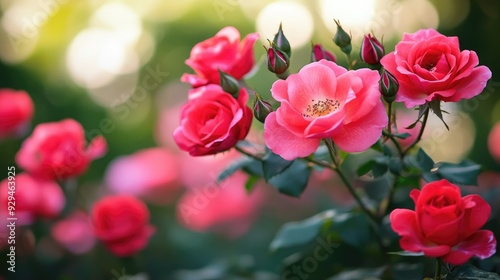 A close-up of vibrant red roses in full bloom, showcasing delicate petals against a blurred green background