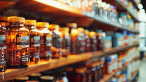 Wallpaper Mural A variety of supplement bottles are neatly arranged on wooden shelves, showcasing different types of health products in a store. Torontodigital.ca