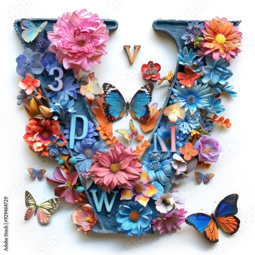 A vibrant blue letter "V" surrounded by intricate floral designs, creating a decorative, artistic illustration with soft curves and delicate petals, perfect for modern decor