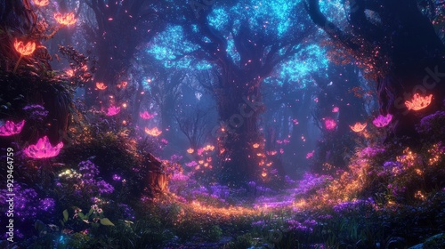 A magical anime forest with towering trees covered in bioluminescent moss and glowing flowers