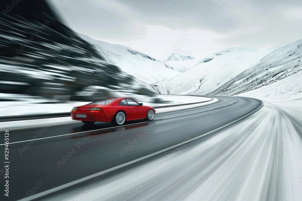 Naklejka premium A red car drives down a snowy road, perfect for winter scenes and traffic concepts