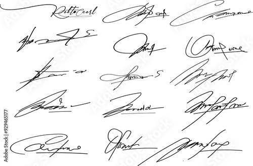Hand written signature. Different example signatures isolated in white background. Vector illustration set of hand drawn name imprint