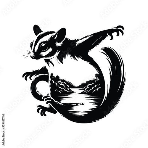silhouette of Sugar glider filled with river view in rough drawing,