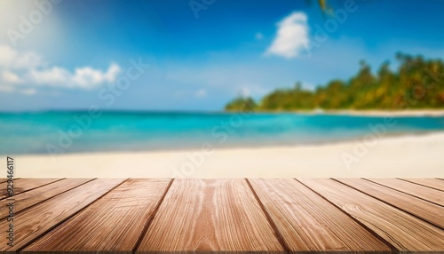 wooden table over blur tropical beach background product display montage high quality photo