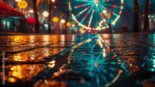 Illuminated ferry wheel as blurry background