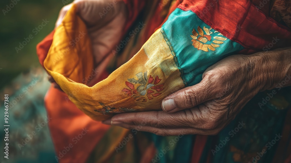 A close-up of hands holding a Buddhist prayer flag, with focus on the colors and symbols of the flag A close-up of hands holding a Buddhist prayer flag, with focus on the colors and symbols of the flag