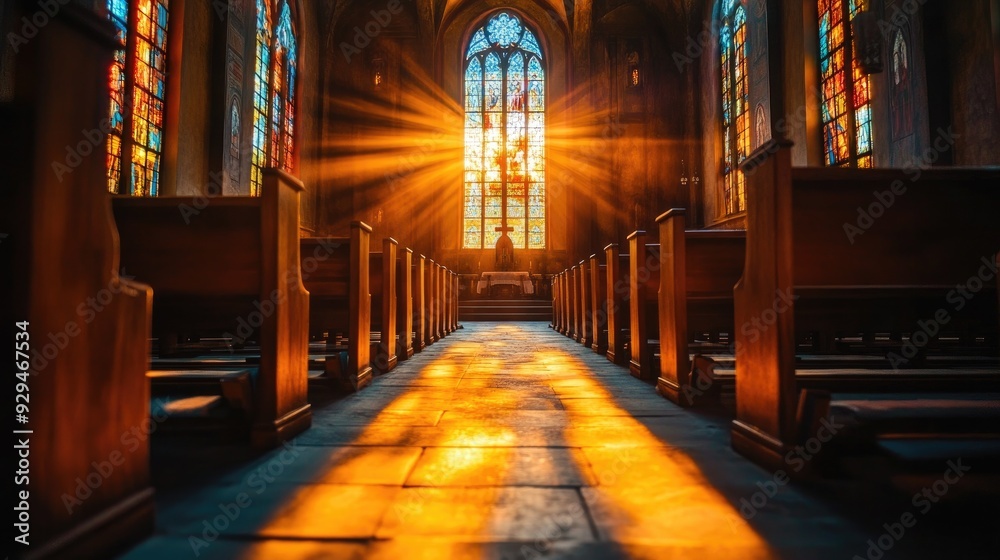 Obraz premium A peaceful image of a Christian church with light streaming through stained glass windows onto empty pews