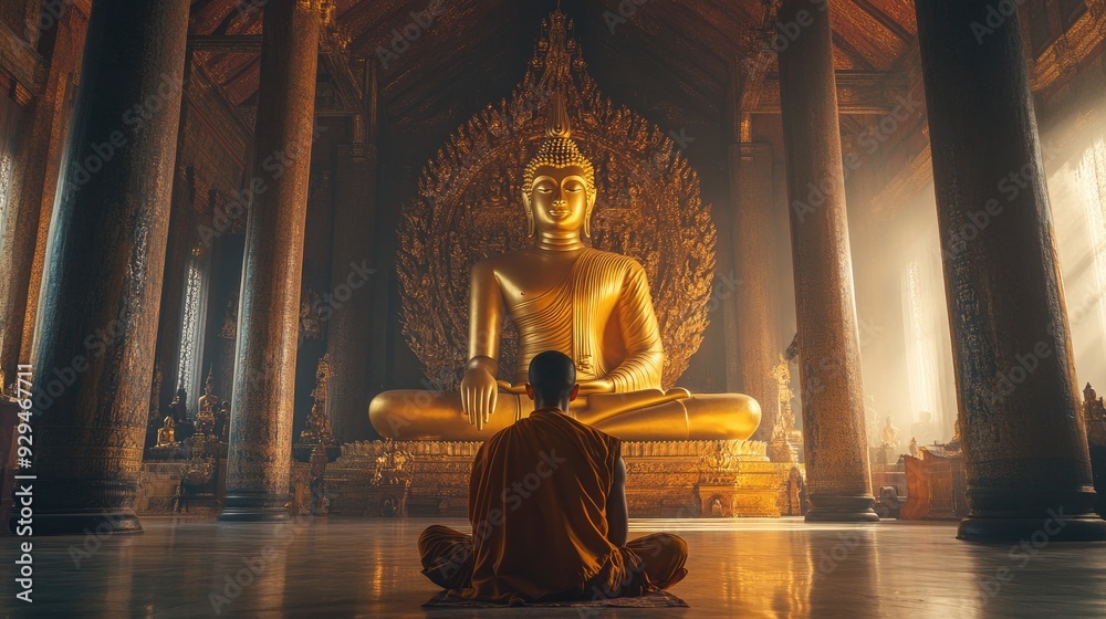 A serene image of a Buddhist monk meditating in front of a large golden Buddha statue inside a temple A serene image of a Buddhist monk meditating in front of a large golden Buddha statue inside a temple