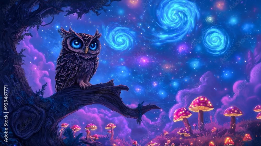 Obraz premium A mystical owl with large blue eyes perched on a branch under a vibrant night sky filled with swirling galaxies, surrounded by glowing mushrooms