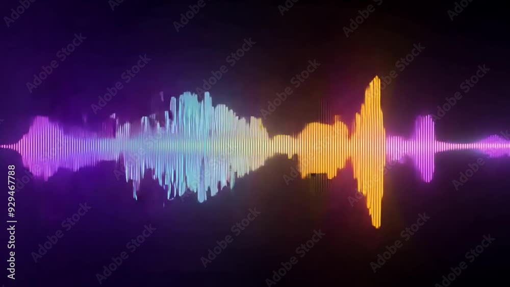 A vibrant sound wave visualization illustrates audio frequencies in various colors against a black backdrop.
