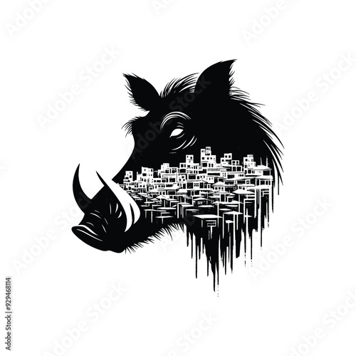 silhouette of Warthog, filled with ghetto street in rough drawing,