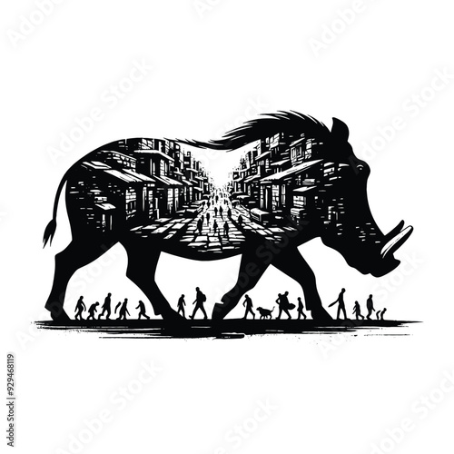 silhouette of Warthog, filled with ghetto street in rough drawing,