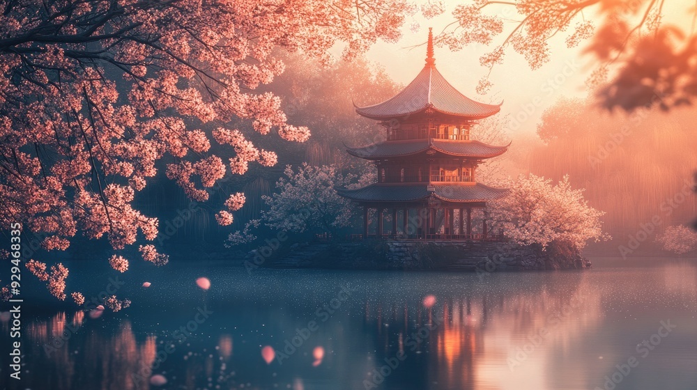 Obraz premium A tranquil scene of a pagoda surrounded by cherry blossoms, with soft light filtering through the trees