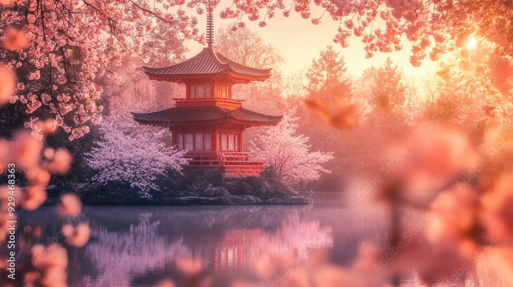 A tranquil scene of a pagoda surrounded by cherry blossoms, with soft light filtering through the trees A tranquil scene of a pagoda surrounded by cherry blossoms, with soft light filtering through the trees