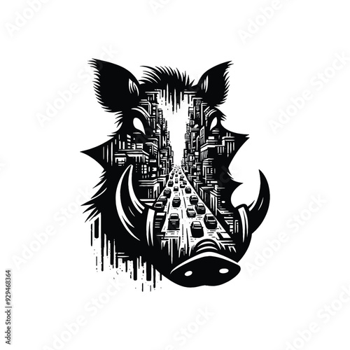 silhouette of Warthog, filled with ghetto street in rough drawing,