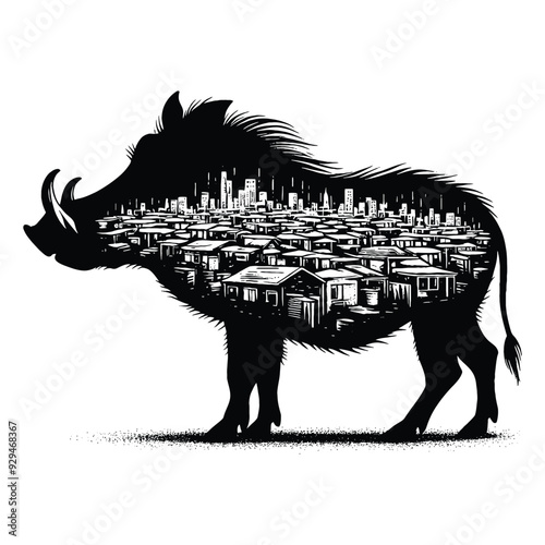 silhouette of Warthog, filled with ghetto street in rough drawing,