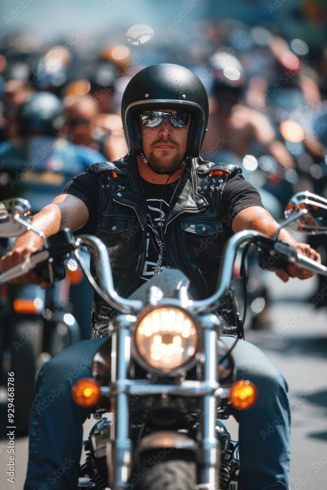 A person rides a motorcycle down a busy urban road, with cityscape in the background A person rides a motorcycle down a busy urban road, with cityscape in the background