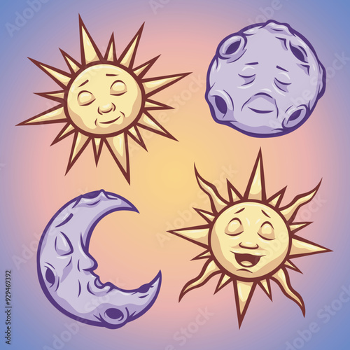 Cartoon style illustrated of cute sun and moon for designers