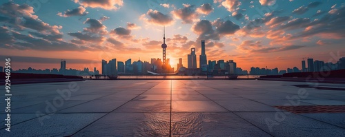 Sunrise Over Shanghai Skyline with Reflections on a Paver Walkway photo