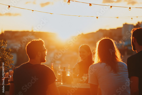 A group of people are sitting at a table with drinks and food
