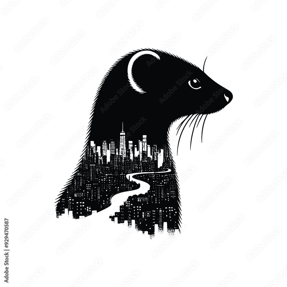 silhouette of Weasel, filled with cityline in rough drawing, silhouette of Weasel, filled with cityline in rough drawing,