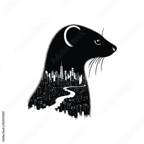 silhouette of Weasel, filled with cityline in rough drawing,