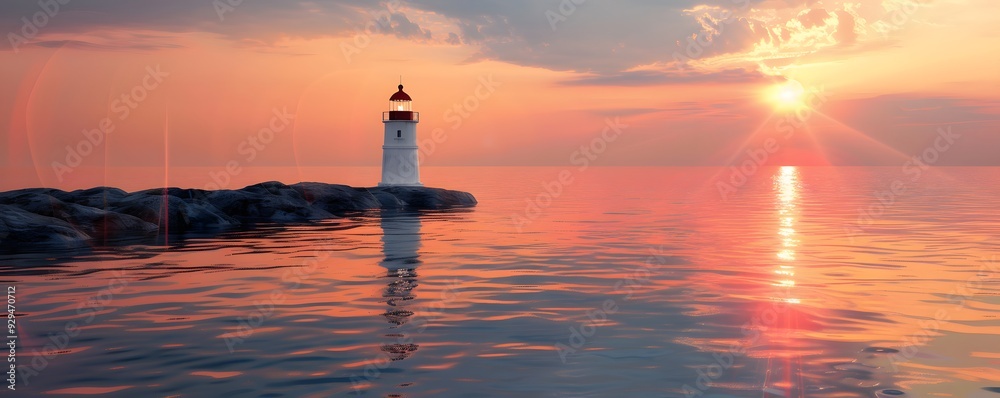 Fototapeta premium A lone lighthouse standing on a rocky outcrop during a fiery sunset over the sea.
