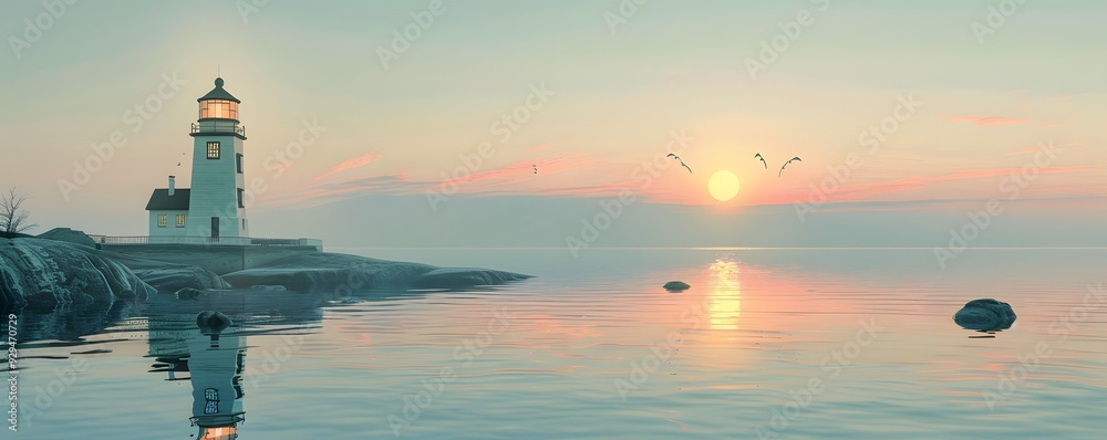 A Lighthouse Reflecting in Calm Waters at Sunset A Lighthouse Reflecting in Calm Waters at Sunset
