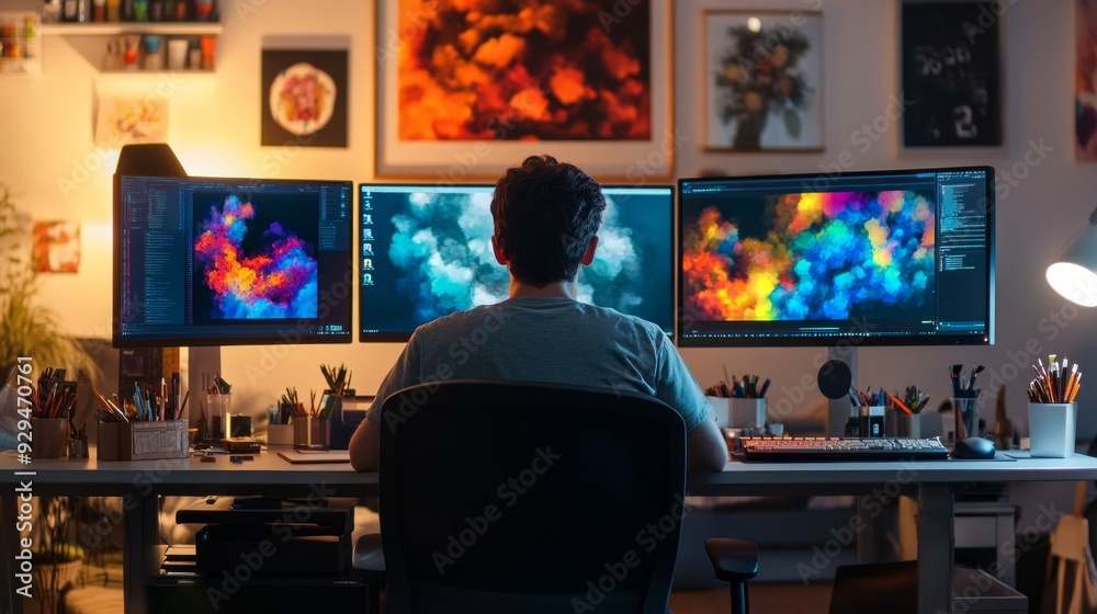 A creative professional works at a stylish desk with multiple monitors. The vibrant colors on the screens inspire innovation. This is a modern workspace designed for digital artists. AI A creative professional works at a stylish desk with multiple monitors. The vibrant colors on the screens inspire innovation. This is a modern workspace designed for digital artists. AI