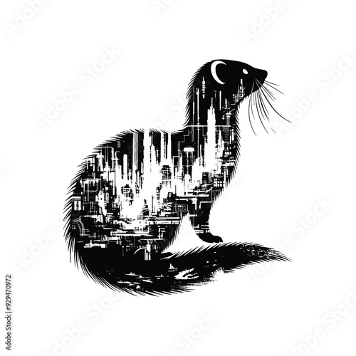silhouette of Weasel, filled with destroyed futuristic dystopia environment in rough drawing,