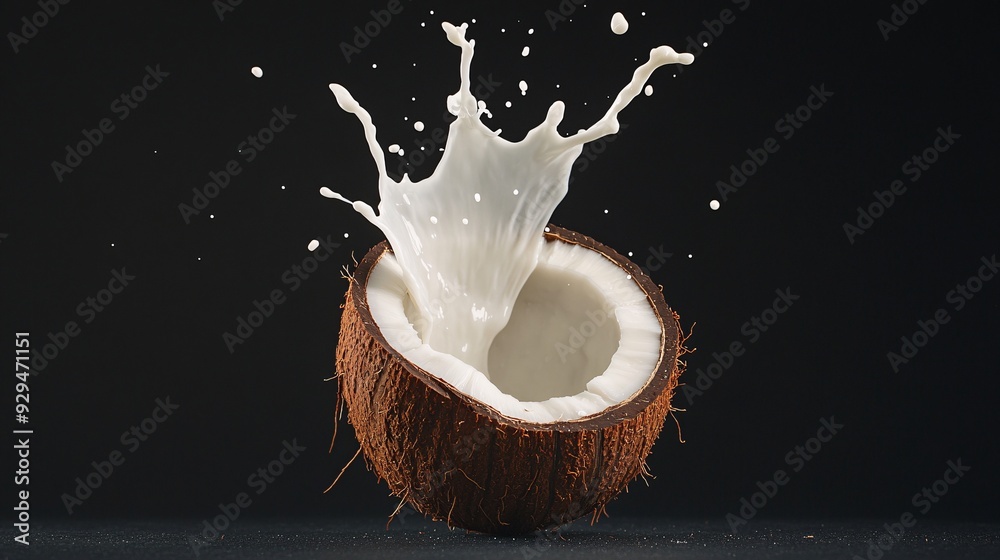 A coconut half splashing coconut milk against a dark background.
