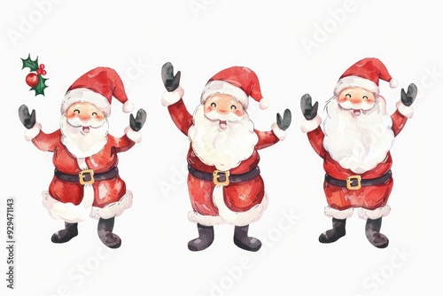 Three Santa Claus figurines standing together, holding a holly tree branch