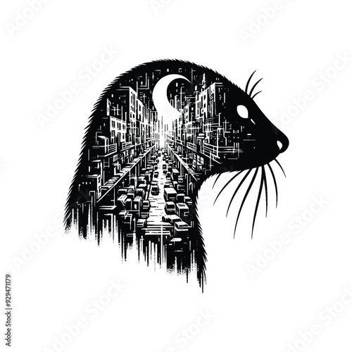 silhouette of Weasel, filled with ghetto street in rough drawing,