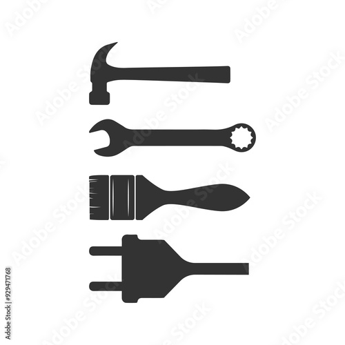 Set of Isolated Tool Equipment Hammer Wrench Paintbrush and Electrical Plug Icon Illustration Design